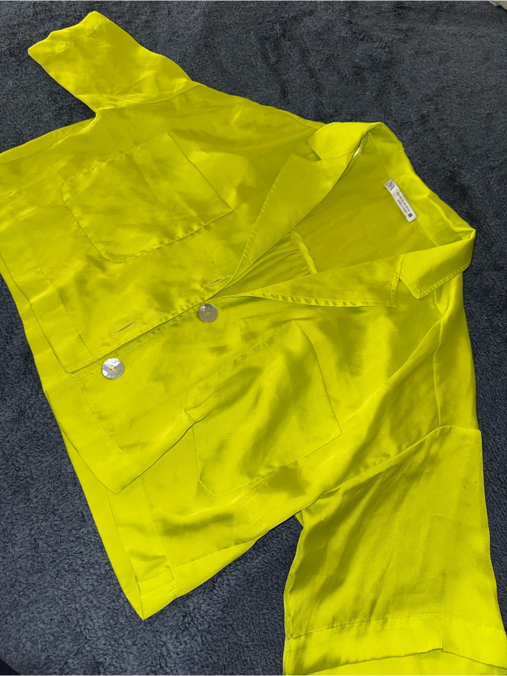 Zara Neon Green Satin Button-Front Blouse